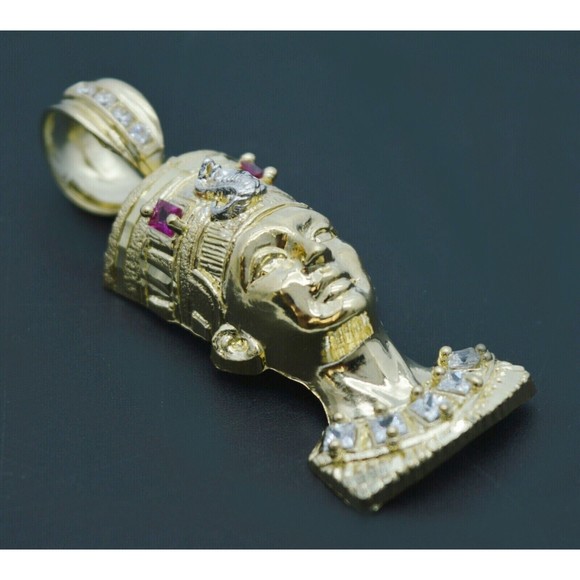 Real 10k Yellow Gold Egyptian King Head Diamond Cut Pendant 3D - Picture 1 of 9